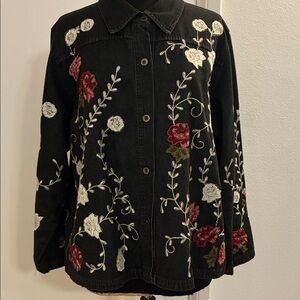 Denim&Co Black Floral Embroidered Jean Jacket